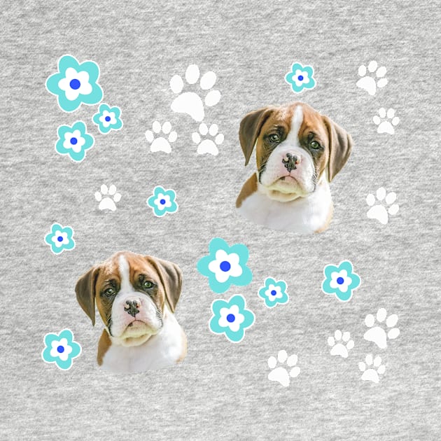 Flashy Fawn Boxer Puppy, on Blue with Flowers by 3QuartersToday